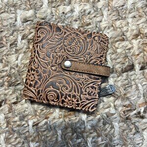 Justin tri-fold leather tooled wallet, brown